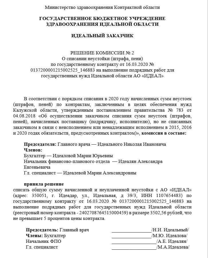 Решение о списании начисленной и неуплаченной суммы неустоек штрафов пеней образец